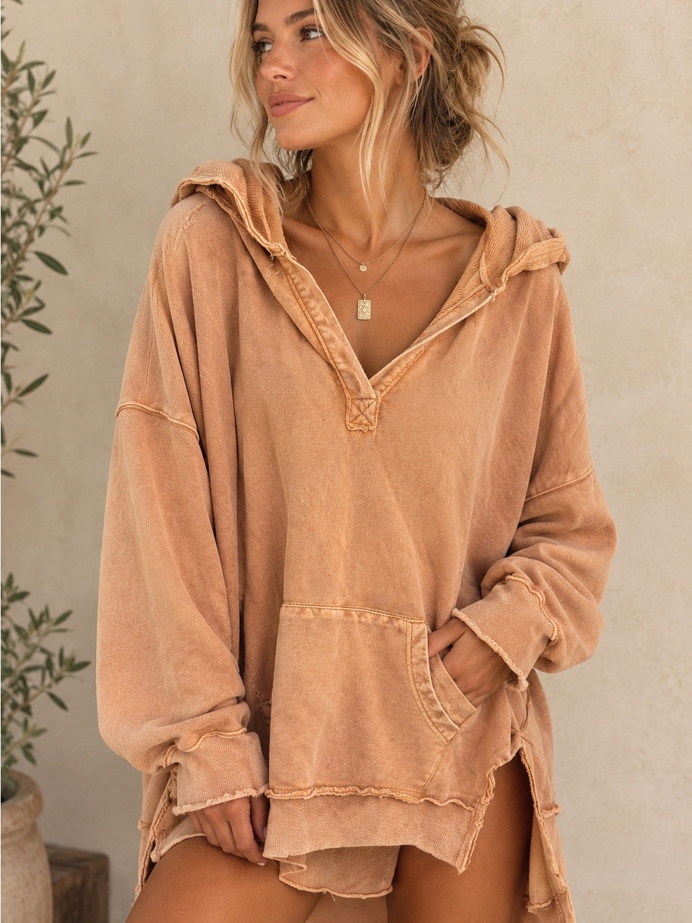 We The Free Washed Peach/Orange Oversized Hoodie Pullover [Size Large]